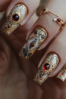 Decorative nails with gold and red gemstone designs on a blurred background, Obroi
