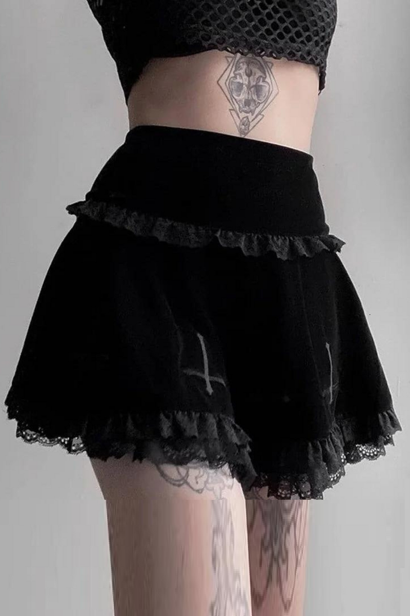 Goth Cross Black Skirt Vintage Lace Trim Mini Skirt Gothic Grunge High Waist Ruffle Summer Skirt Women