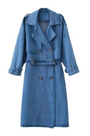 Autumn Winter Denim Belt Tie Up Waist Design Trench Coat Women's Elegant Casual Windbreaker Jacket