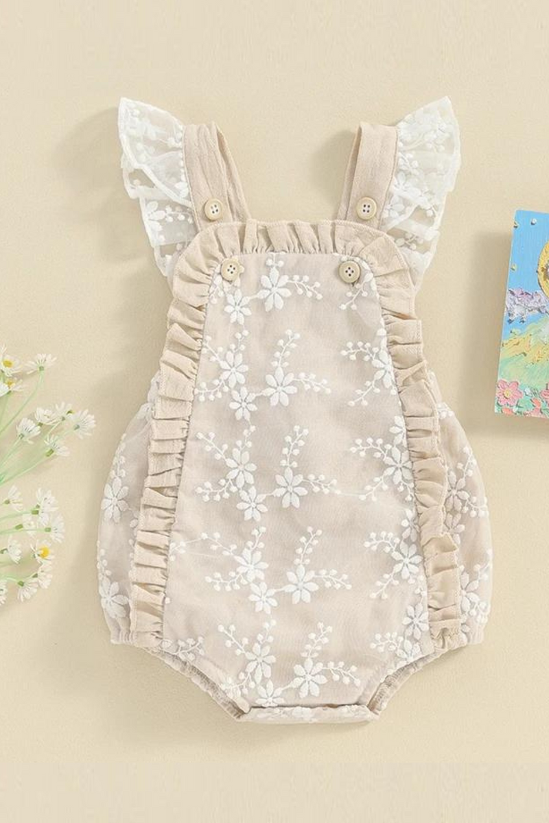 Newborn Infant Baby Girls Rompers Lace Embroidery Buttons Frills Fly Sleeve Infant Bodysuits Summer Clothes Princess Jumpsuits