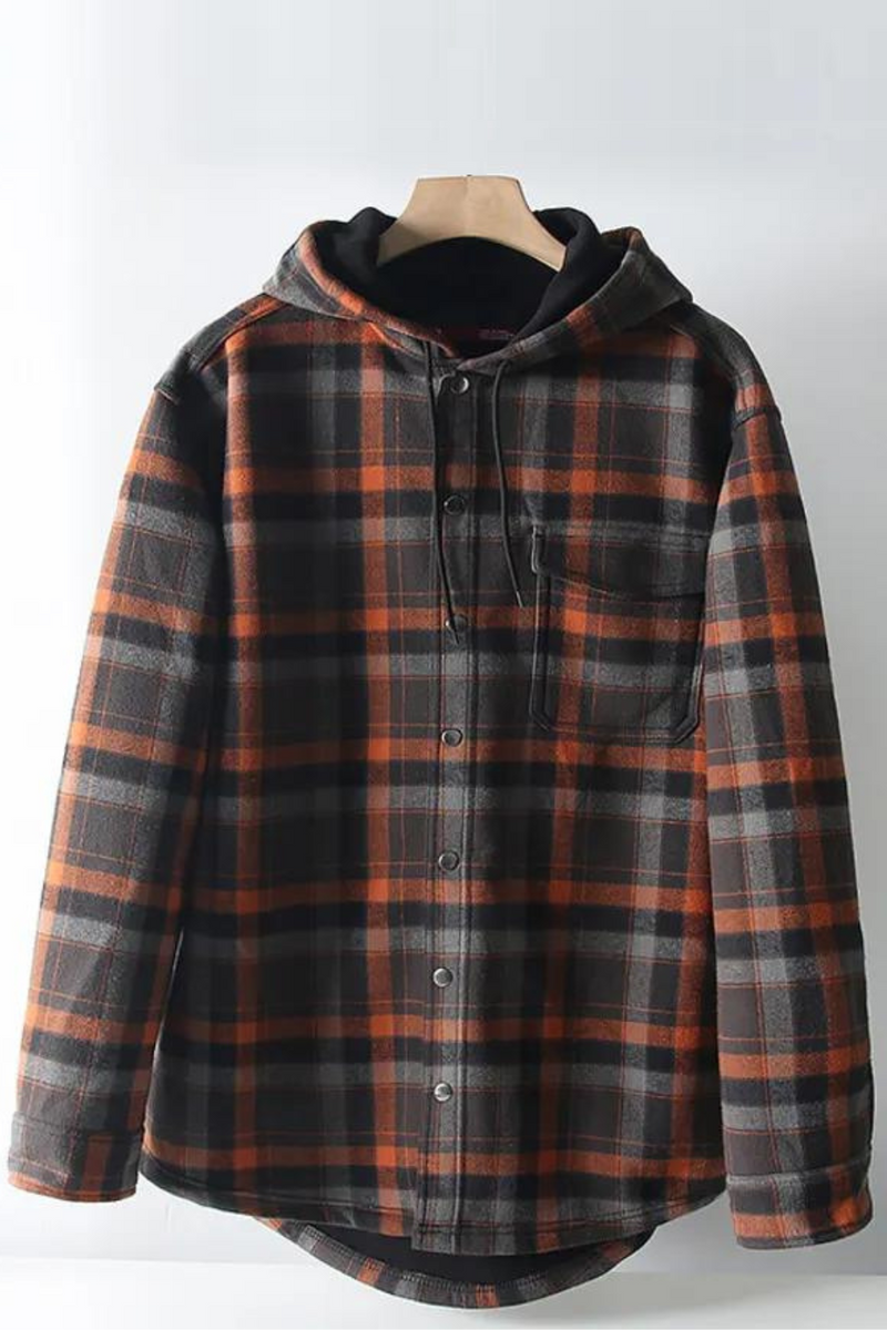 American Guy Style Autumn Winter Men's Fleece Thick Hooded Plaid Casual Jacket And Coats With Single Chest Pocket