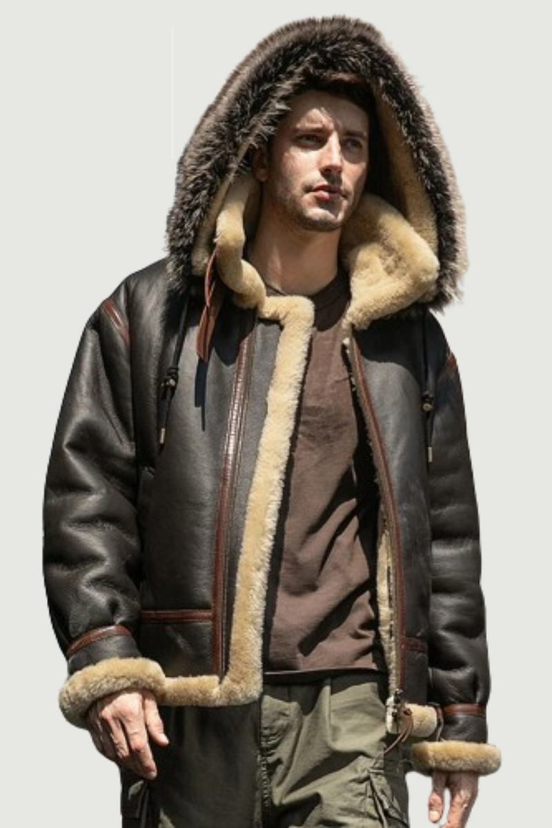 Men Shearling Jacket Hooded Sheepskin Coat Thick Warm Winter Pilot Jacket