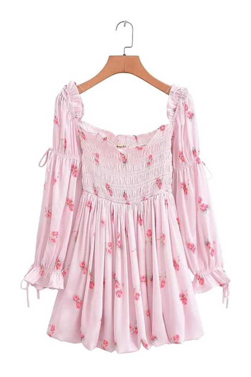Sweet Pink Floral Off Shoulder Dress Women Long Sleeve Holiday Party Mini Dresses Princess Fairy