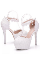 Crystal Queen White Lace Flower Bridal 14CM High Heels Round Toe Wedding Pumps Ankle Straps Women Sandals Bridesmaid Shoes