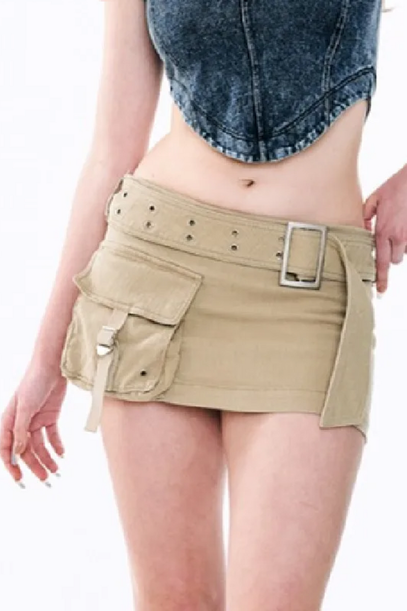 Mini Cargo Skirt Sexy Women Metal Eyelets Buckle Belt Side Double Pockets Hem Hot Skirts