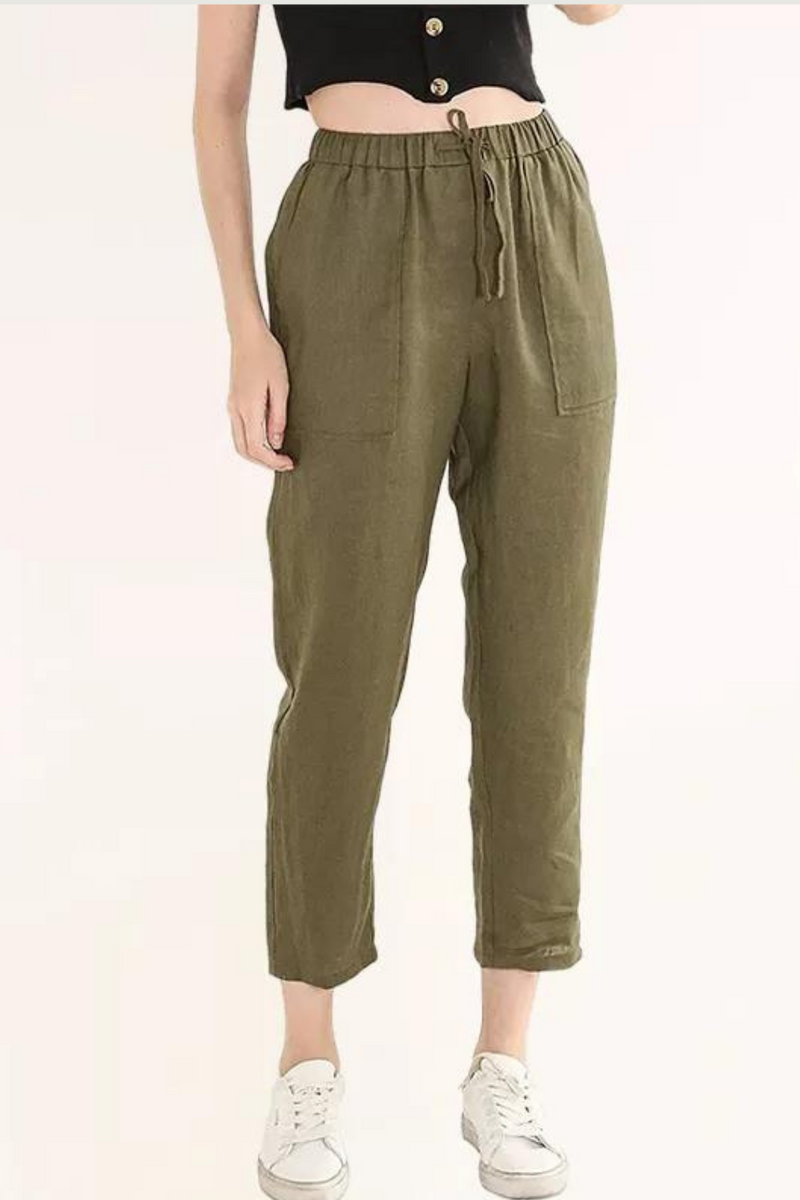 Linen Women Pants Casual Elastic High Waist Streetwear Spring Autumn Pockets Trouser Female Clothing