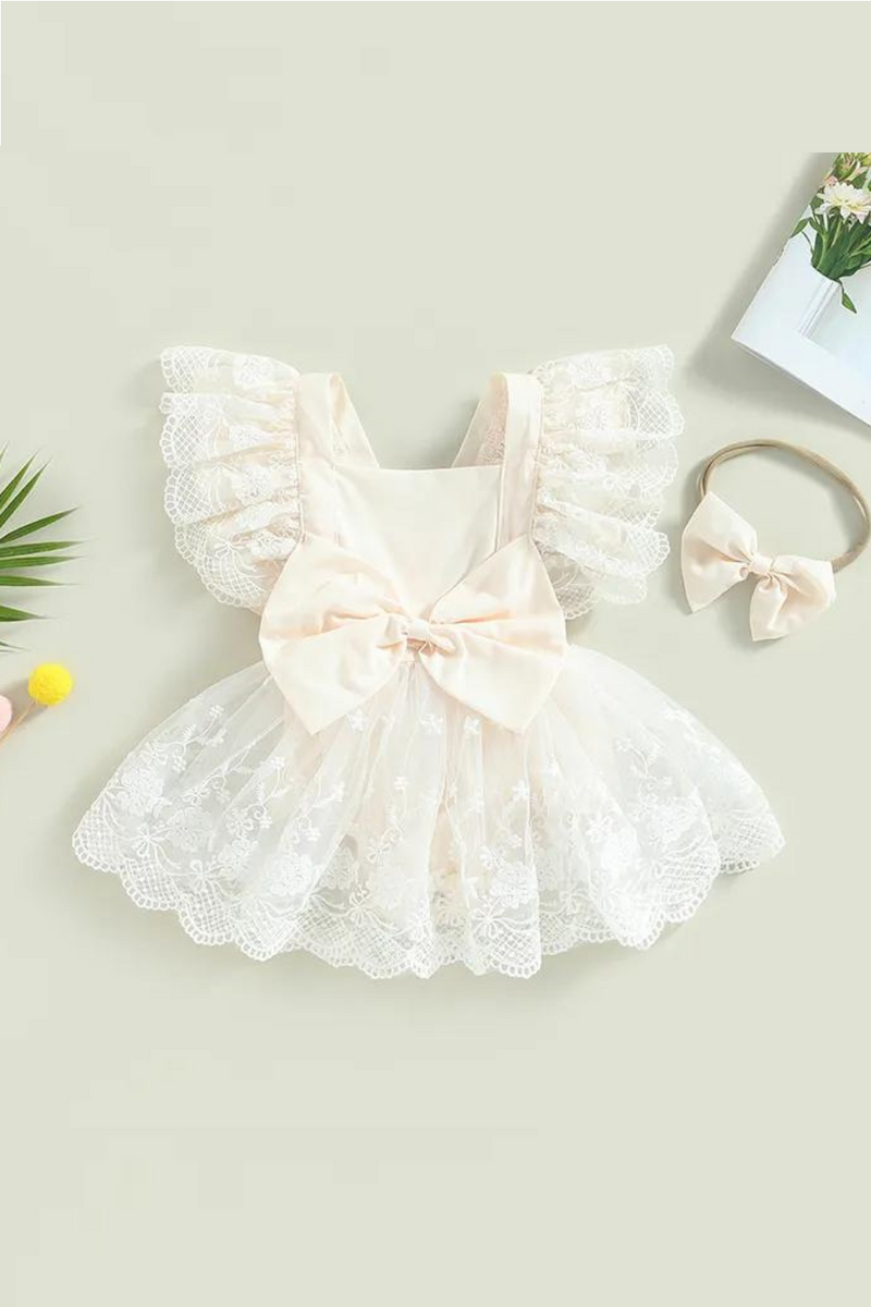 Summer Infant Baby Girls Bodysuit Dress Lace Flower Fly Sleeve Bowknot Jumpsuits Headband Clothes
