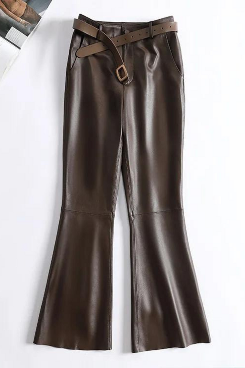 Leather Pants for Women High Waist Flared Pants Style Trousers Belt Black Pants Streetwear