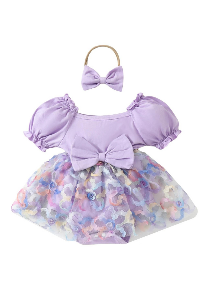 Summer Infant Baby Girl Set Puff Sleeve Flower Bodysuit Dress Bow Headband Outfits Clothes