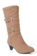 Autumn Winter Leather Buckle Chunky Heels Mid Calf Boots Round Toe Slip on Casual Women Shoe