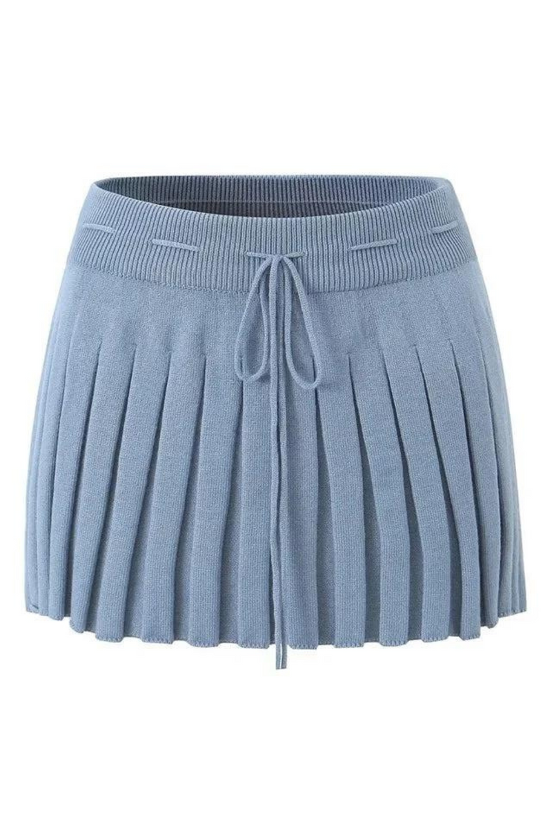 Women's Knit Skirt Autumn Sweet Stretch Lace-Up High-Waisted Solid Press Pleat Mini Skirt