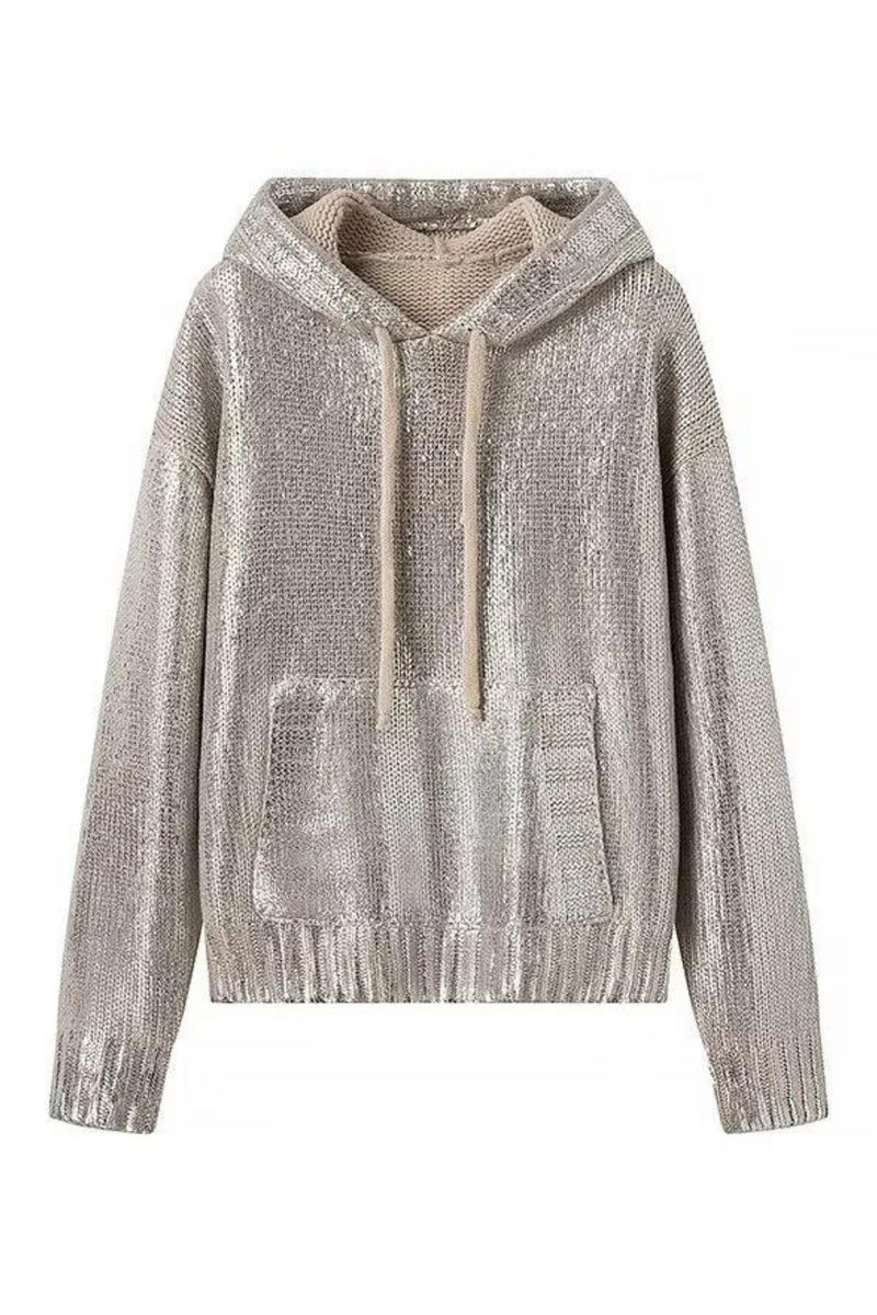 Winter Women's Metallic texture Hat Neck Sweater Pullover Pockets Loose Padded Knit Hoodies Top