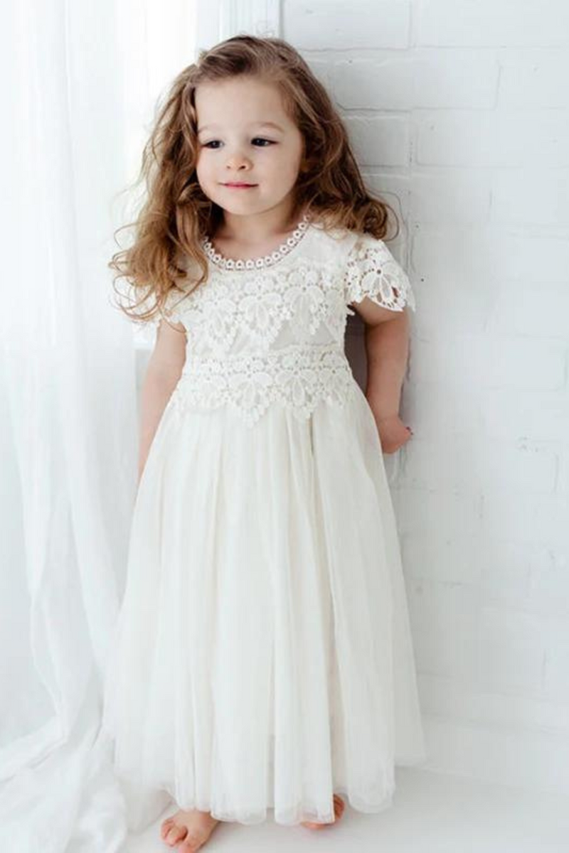 Elegant Lace Dress for Girls Flower White Tulle First Communion Gown Bohemia Costume Pageant Wedding Evening Party
