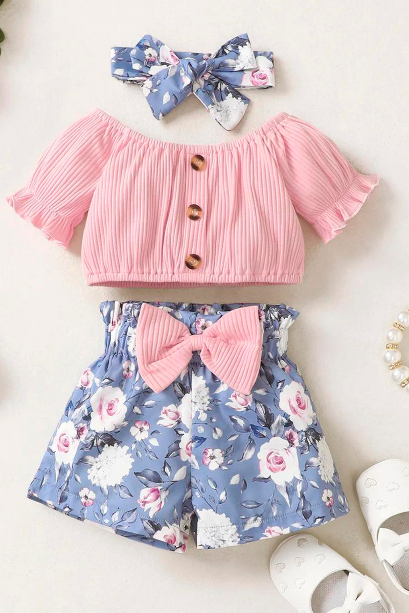 Baby Girls Summer Round Neck Short-sleeved Top With Flower Shorts Toddler Cute Suit