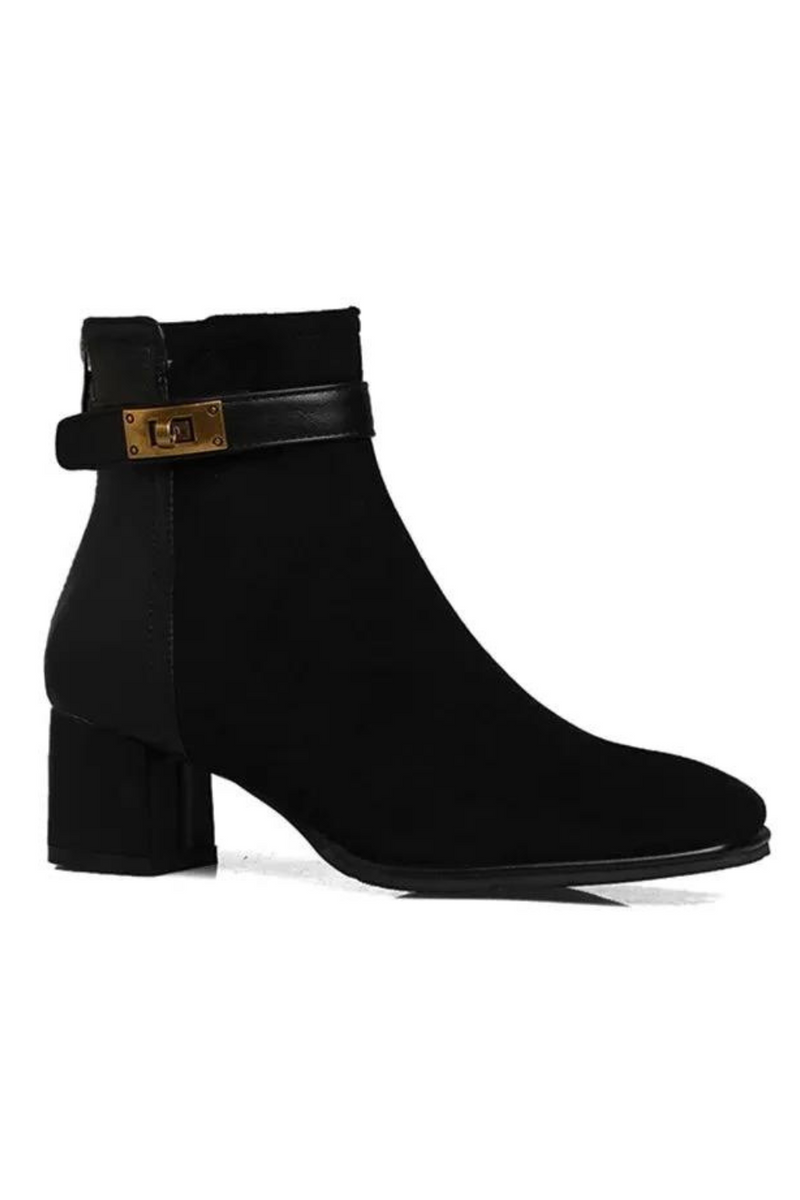 Women's Suede Ankle Boots Back Zip Closure Boot Female Belts Decoration Square Toe Medium Heels