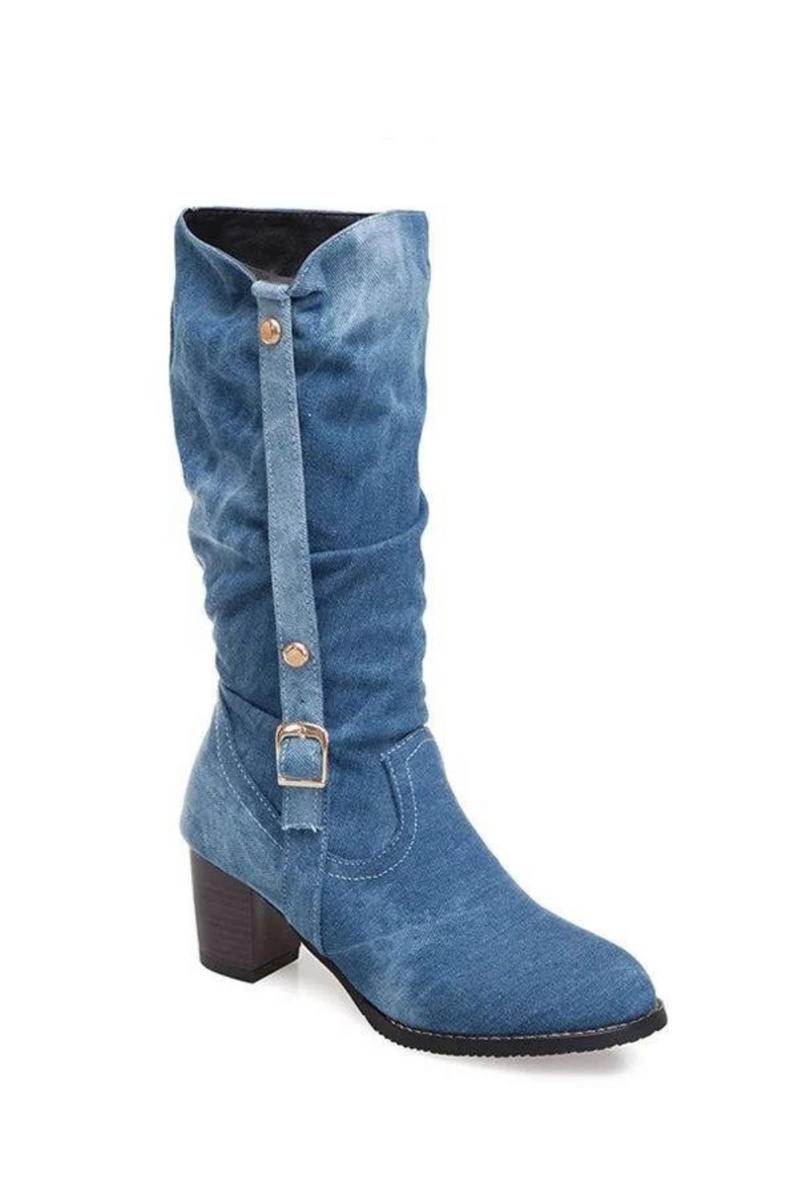 Boots Women's Long Tube Short Boot Winter High Heel Denim Boot Lady Stylish Jeans Boots Buckle Strap Shoes