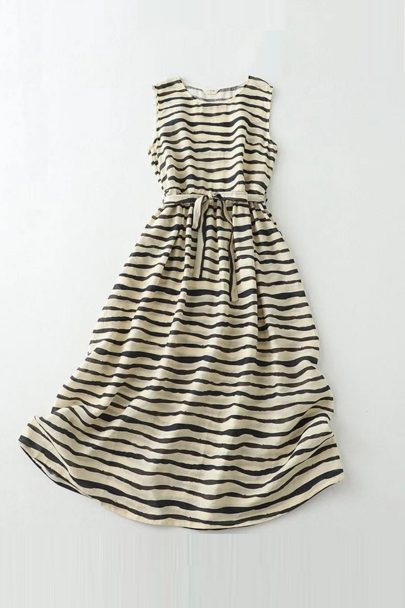 Summer Zebra Striped Dress Thin Women Sleeveless Dresses French Beach Midi