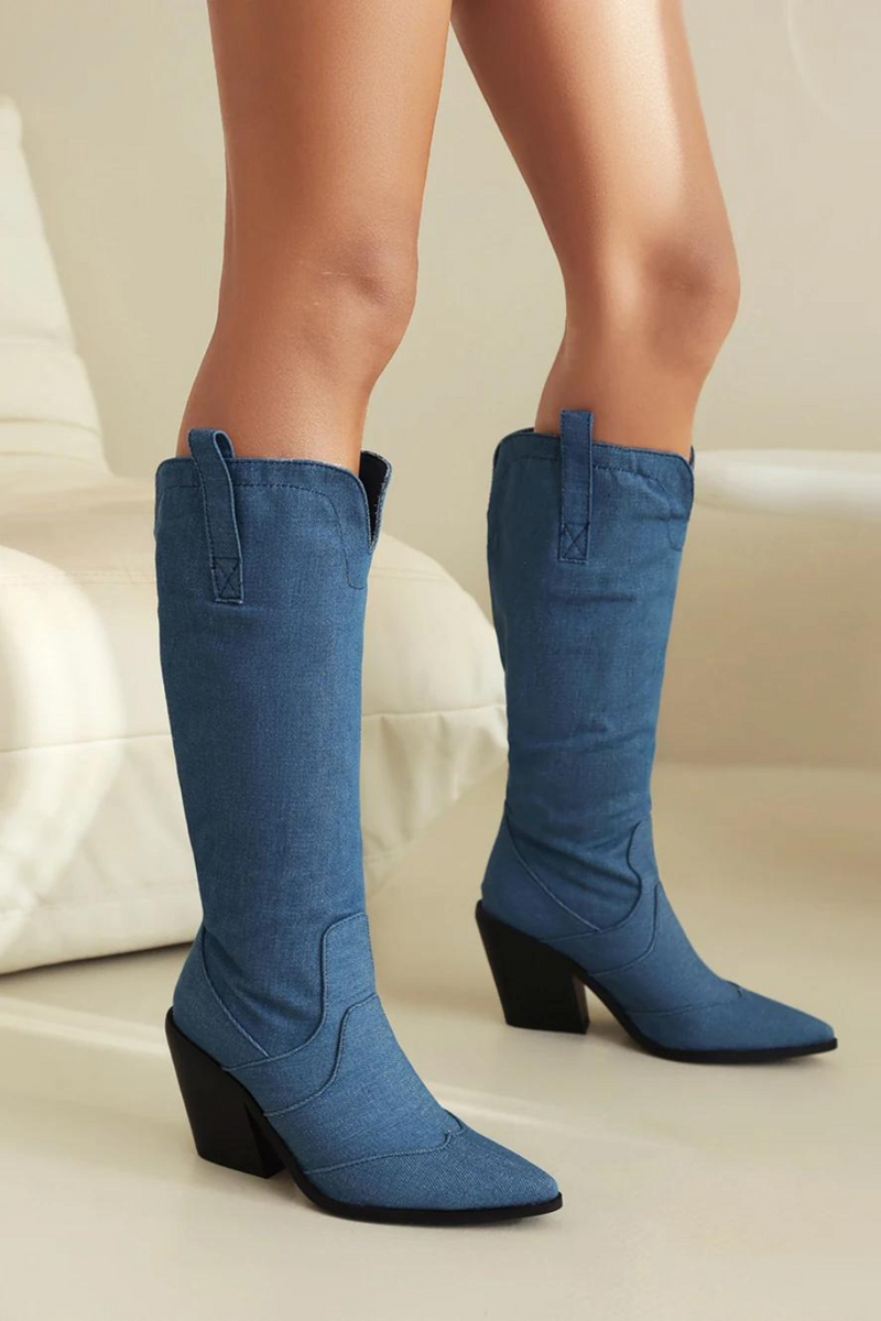 Retro Denim Western Women Knee High Boots Wedges  Autumn Winter Pointed Toe Woman Shoes