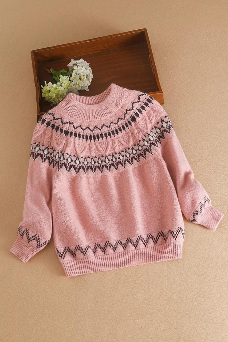 Kids Knit Sweaters Turtleneck Vintage Knitted Jacquard Pullover Winter Warm Long Sleeve Children Girls Clothing