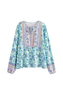 Boho Queens Women Floral Lace-up Bohemian Blouse Shirts Long Sleeve Tassel Rayon Tops