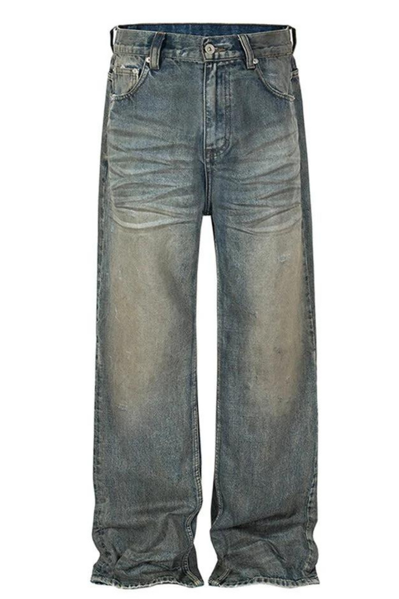 Vintage Baggy Jeans Men Retro Blue Loose Straight Denim Pants Distressed Ripped Dirty Jeans Trouser Hip Hop Streetwear