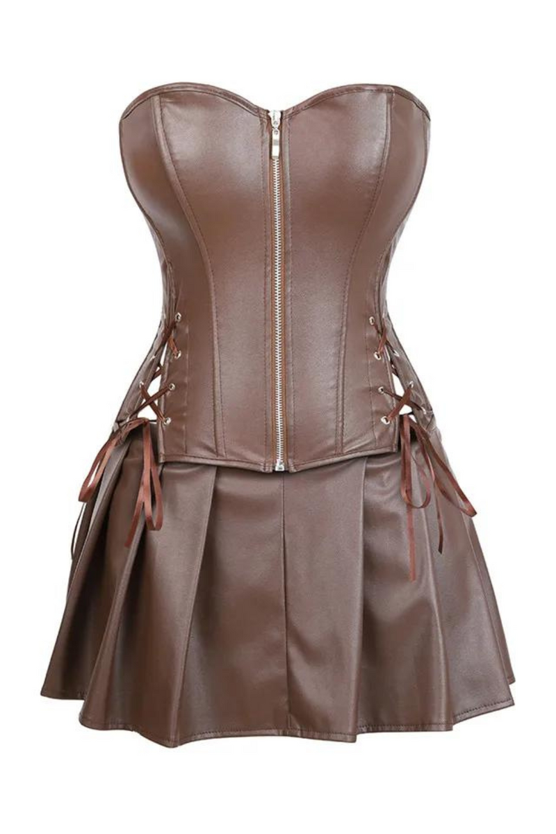 Leather Dresses Corsets Skirt Burlesque Front Zipper Gothic Punk Steampunk Bustier Corset Overbust