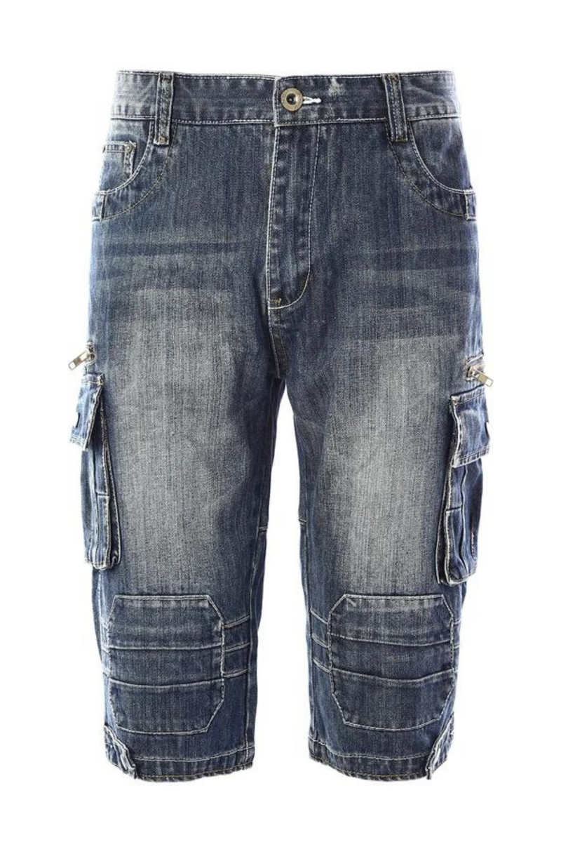 Mens Summer Retro Cargo Denim Shorts Male Faded Patchwork Pockets Vintage Military Style Biker Jeans