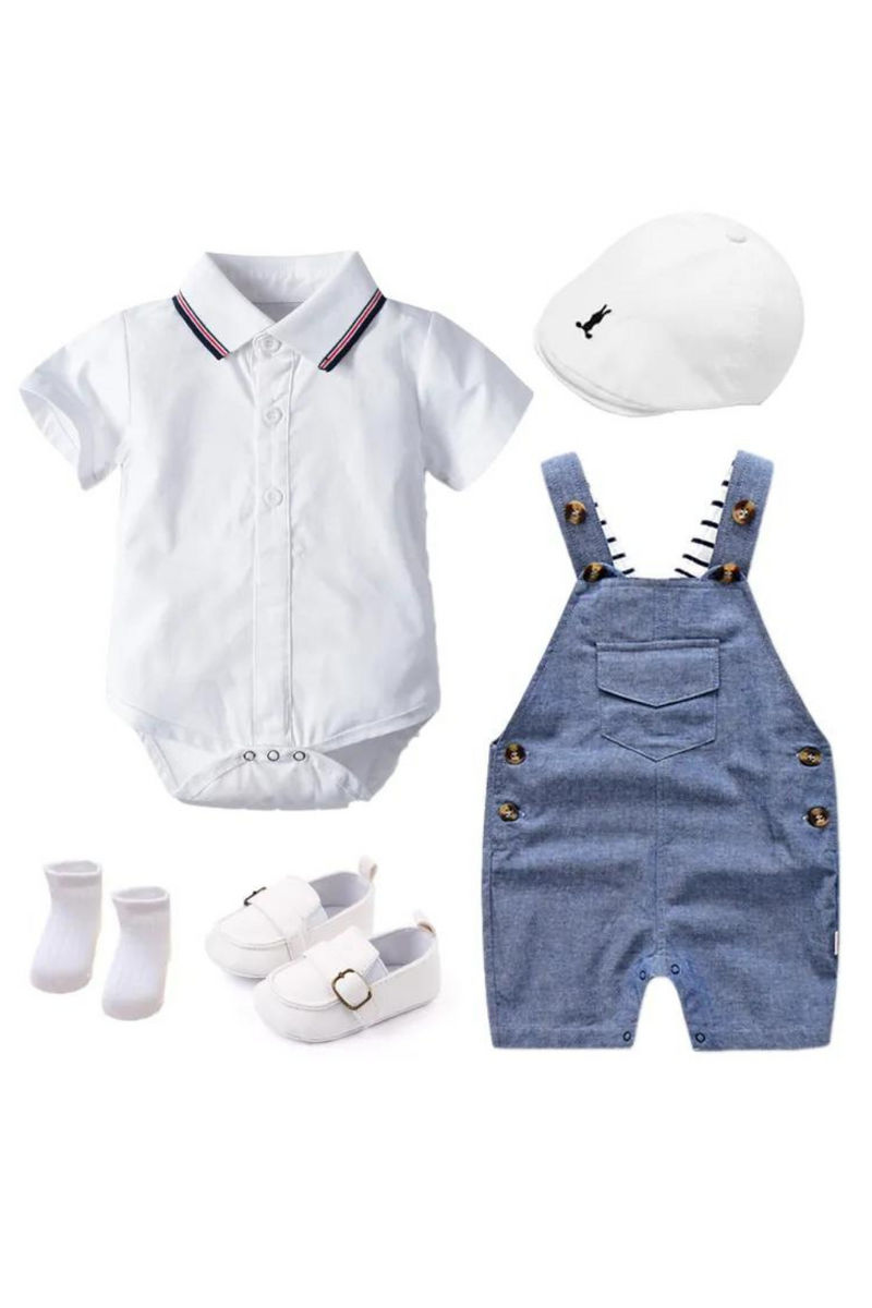 Newborn Boy Summer Baby Clothes Cotton Kids Birthday Dress White Infant Outfit Hat Romper Overall Shoes Socks
