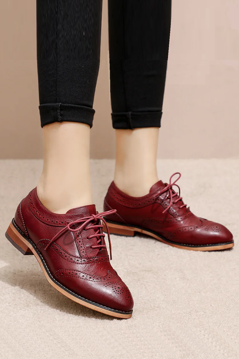 Women Genuine Leather Oxfords Classic Lace-up Brogue Wingtip Hand-made Comfrot Ladies Shoe