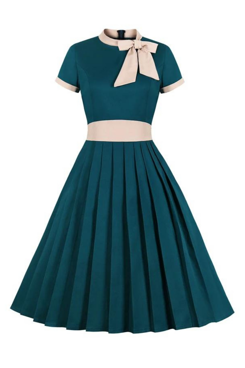 Elegant Turquoise Pleated Party Midi Dress Women Cotton Vintage High Waist Pocket Swing Dresses