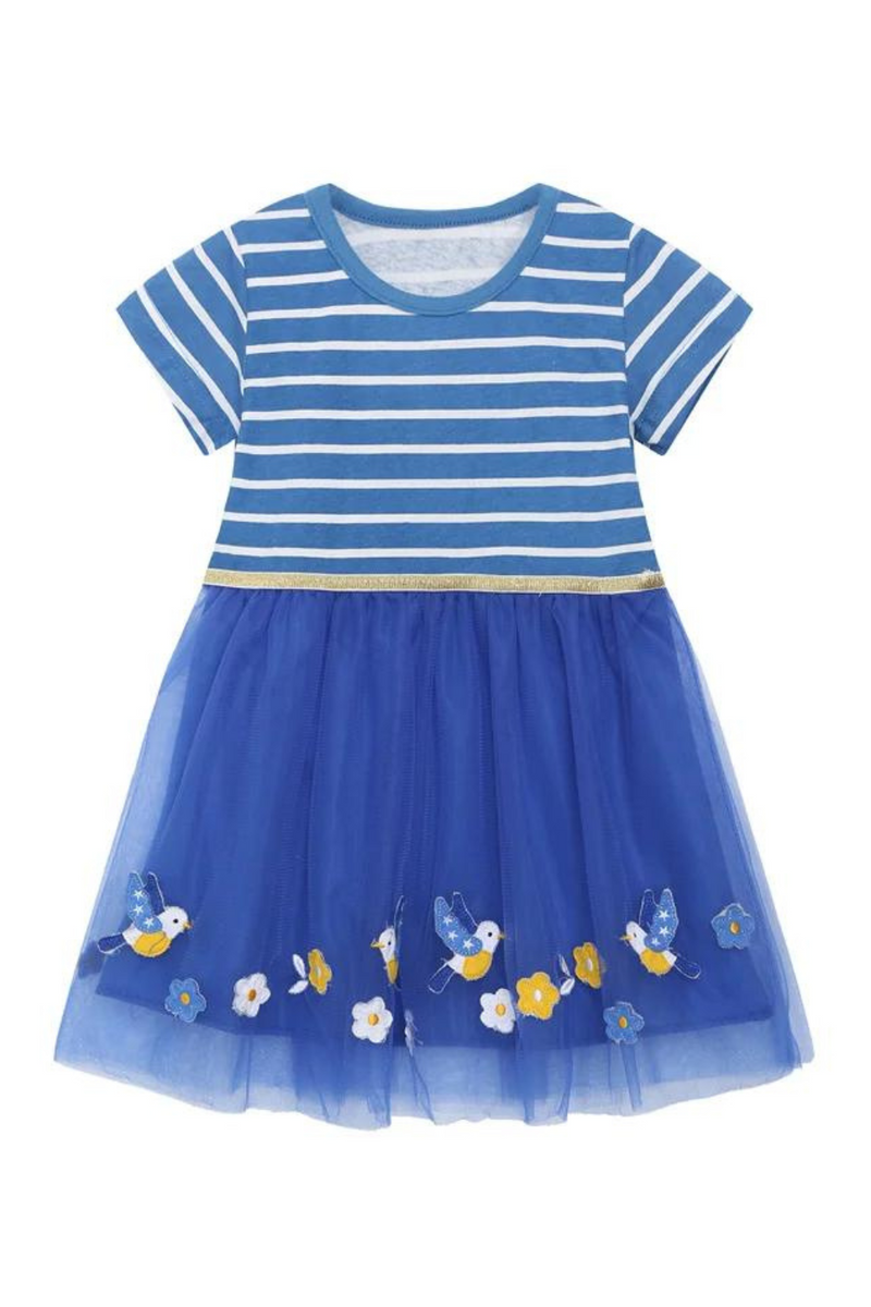 Princess Girls Dresses Birds Applique Stripe Short Sleeve Children's Costume