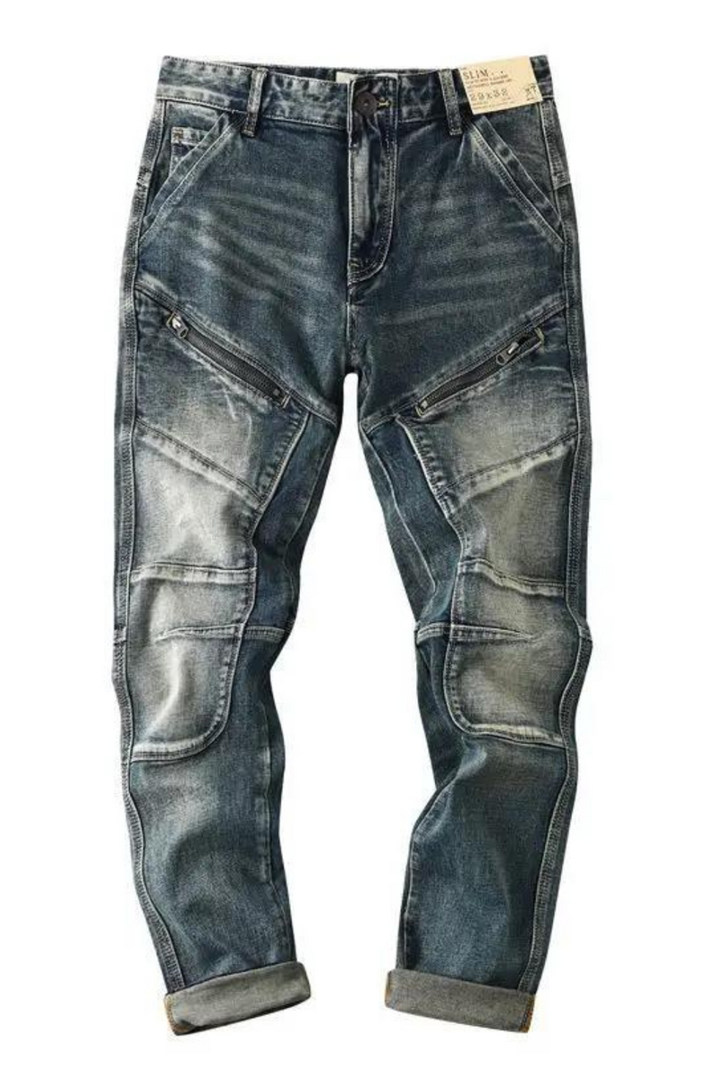 Retro Motorcycle Jeans Men Spring Autumn Loose Zipper Designer Straight Pants Stitching Tooling Cargo Pants Men