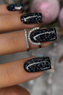 Black Glitter Full Cover Fake Nails Mid-length Square False Nails Wearable Ballet Press on Nails