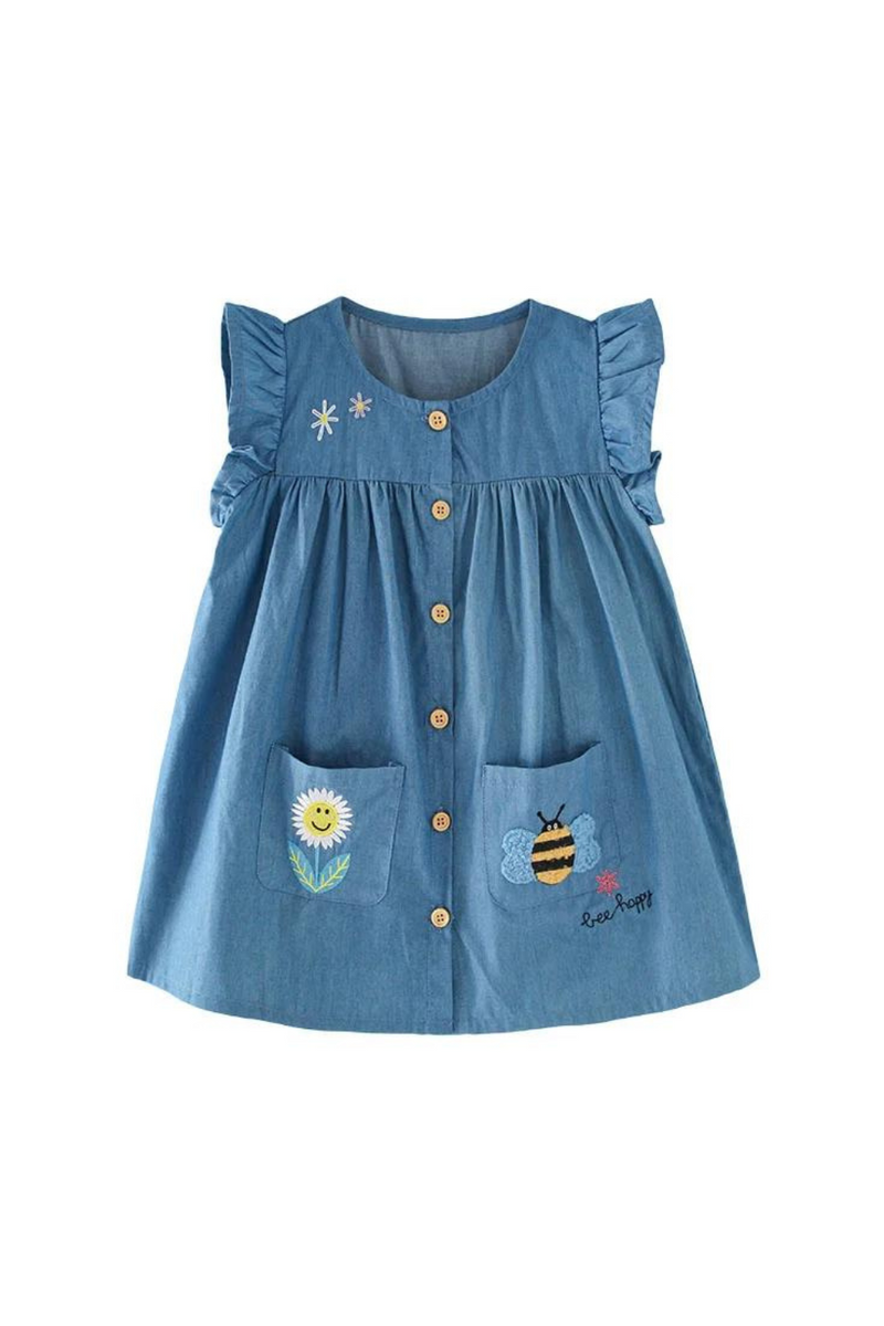 Summer Girls Dresses Animals Embroidery Children's Clothing Party Buttons Lovely Dresses