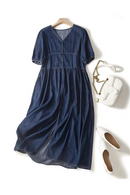 Casual Loose Short Sleeve Denim Shirt Dress Women Autumn Midi Dress Patchwork Streetwear Sundress