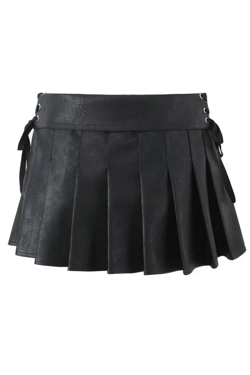Women's Slit Lace Up Side Zipper Artificial Leather Skirt sweet Pleated Mini Skirt