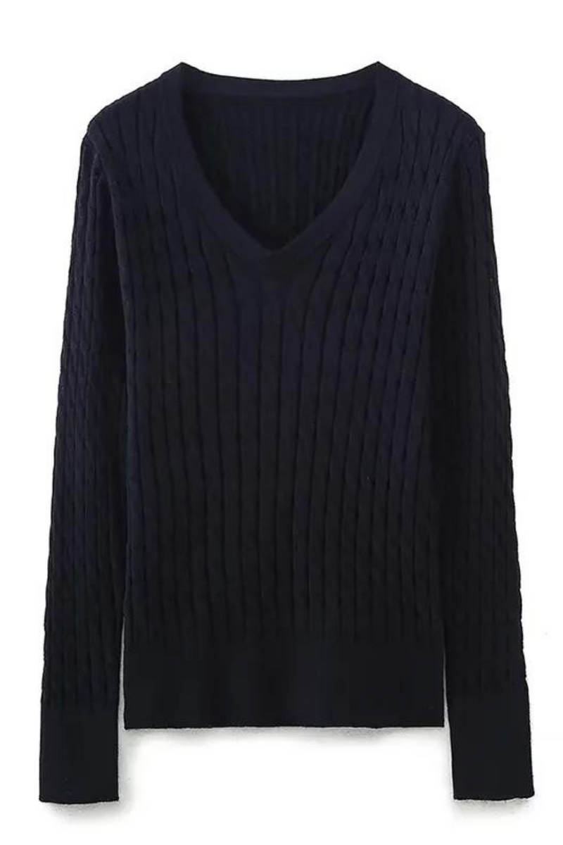 Women Vintage Navy Blue Long Sleeve V Neck Cable Knit Sweater Autumn Pullover Jumper