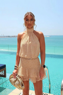 Female Summer Halter Collar Mini Dress Sleeveless A-line Slim Ruffle Laminated Decorative Chic Dresses