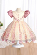 Girls Bubble Sleeves Princess Dress Elegant Girls' Piano Performance Lace Short Dress Embroidered Petal Wedding Party Dress
