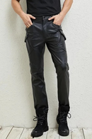Autumn Mens Motorcycle Riding Windproof Pants Punk Genuine Leather Cargo Pants Long Trousers