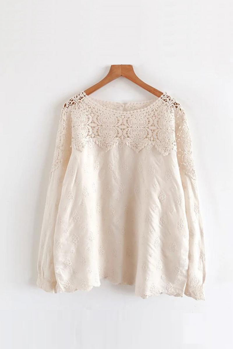 Hollow out Embroidery Shirt Solid Long Sleeve Women Blouse Spring
