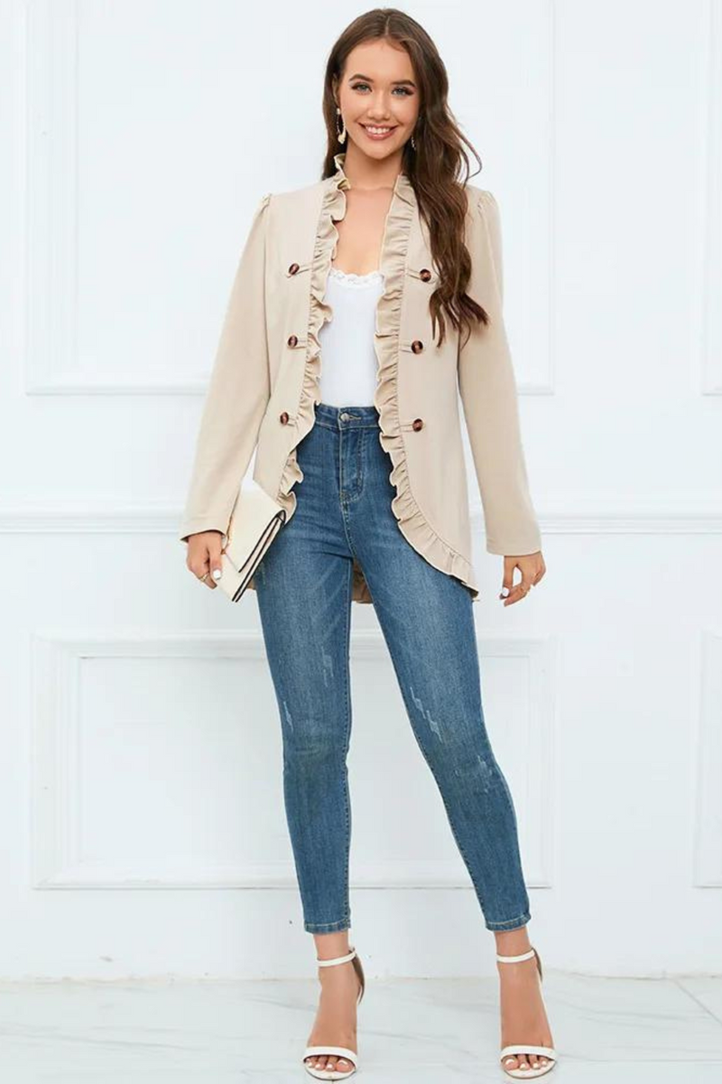 Women Design Sense Ruffle Edge Simple Solid Color Open Button Elegant Coat Autumn Winter Lady Long Sleeve Mid Length