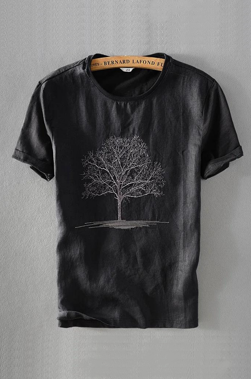 Linen men summer black t-shirt casual embroidery breathable for men