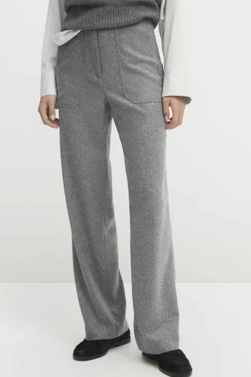 Women Grey Wool Blend Flannel Straight Pants Vintage Elastic High Waist Office Ladies Casual Trousers
