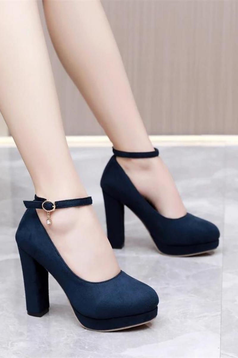 Shoes Woman Pumps Elegant Ankle Straps Black Blue Flock Women's Heels Shoes