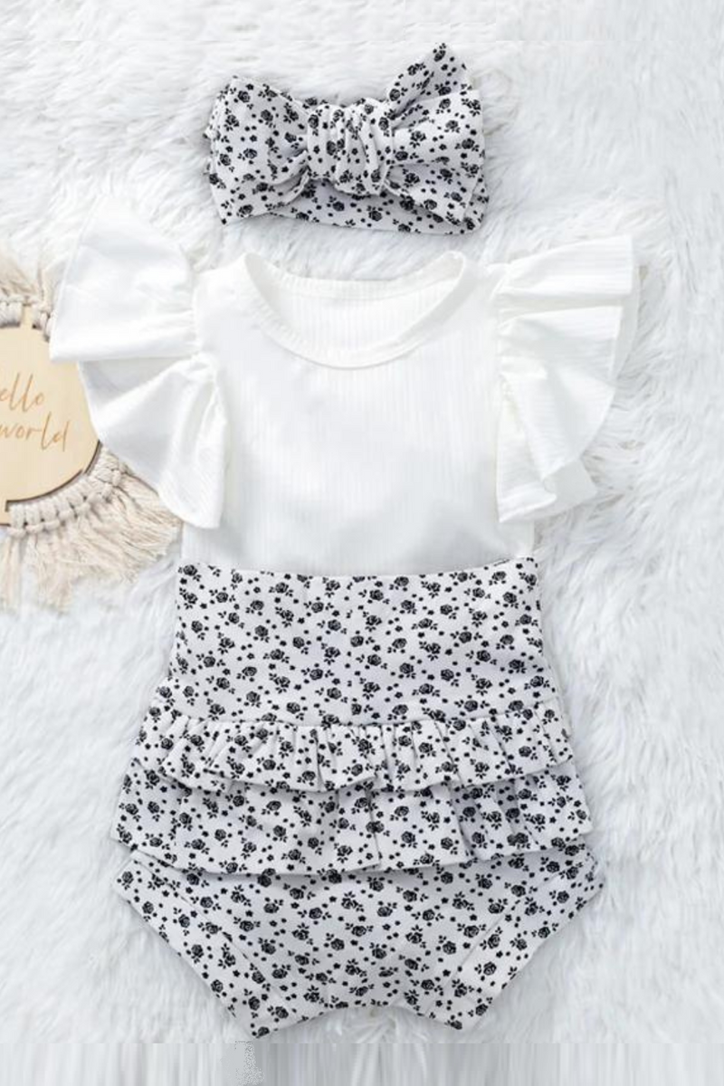 Baby Girl Summer Outfit Floral Suit Flying Sleeve Romper Ruffled Shorts Infant Toddler Casual Wear Set