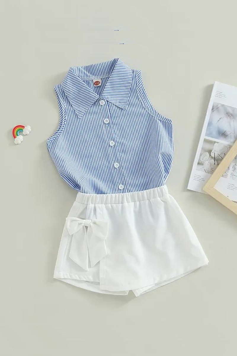 Summer Kids Toddler Girls Outfits Sleeveless Button Down Striped Shirt Bow Shorts Clothes Set