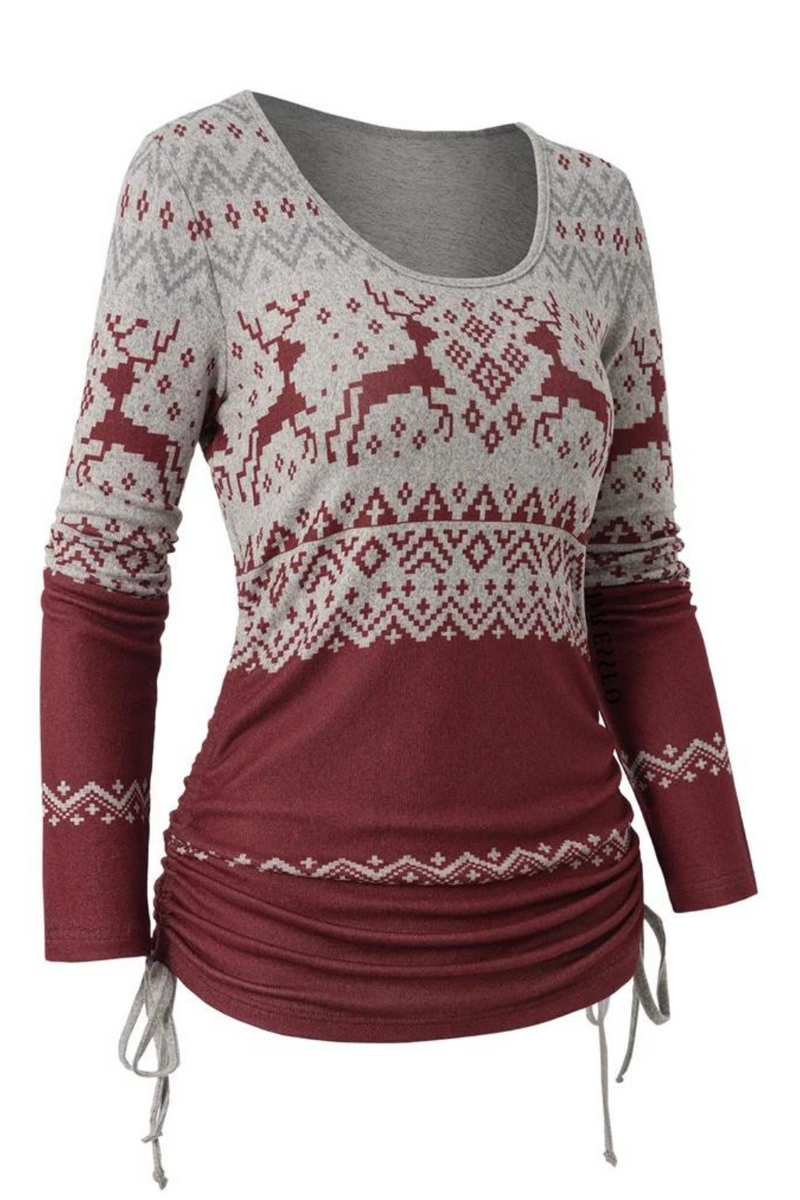 Geometric Tops For Christmas Party Side Cinched Tie Long Sleeve Casual Tee