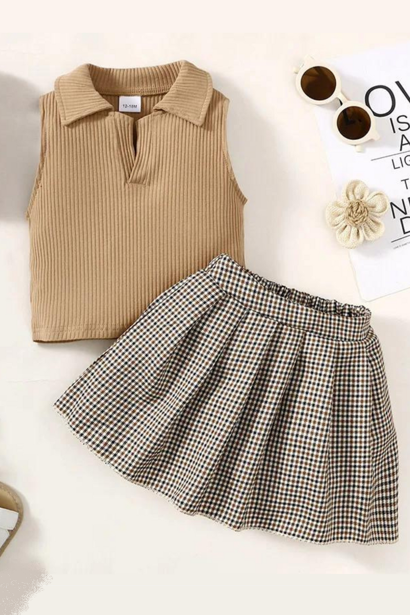 Kids Girls Summer Clothes Suit Sleeveless Lapel Knitting Vest Tops Short Skirt