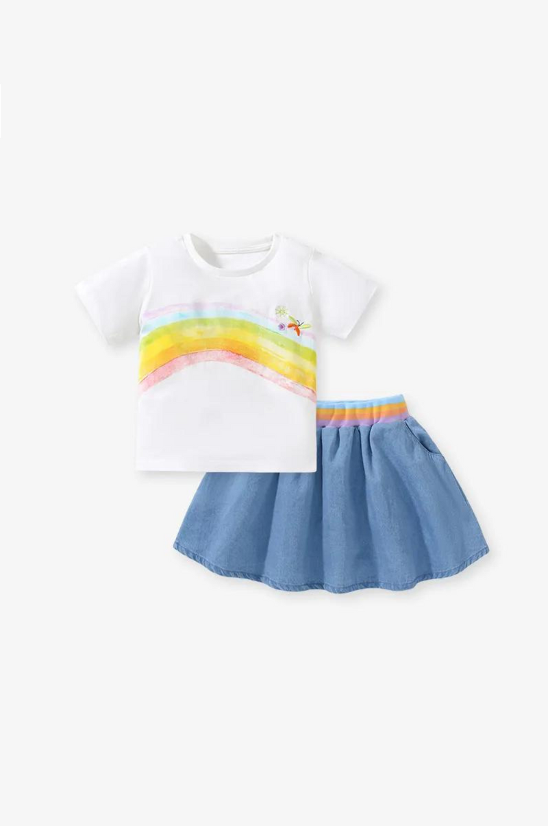 Baby Girls Summer Children's Clothing Tracksuit Kids Clothes Sets Cartoon Rainbow Tops Skirts
